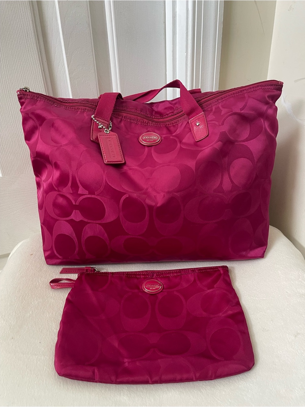 Coach Fuchsia Signature Nylon Getaway packable weekender Tote